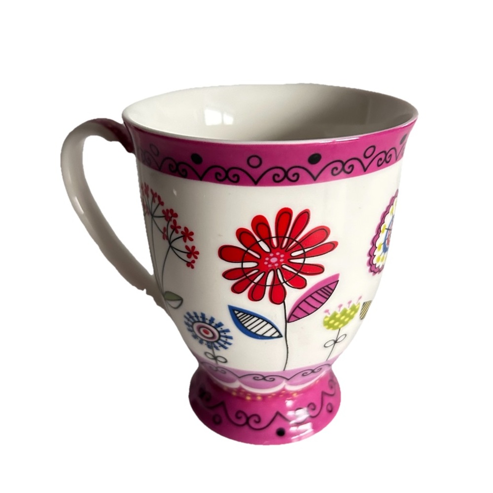 Fine Porcelain Footed Mug Pink Garden Flower & Bird Design